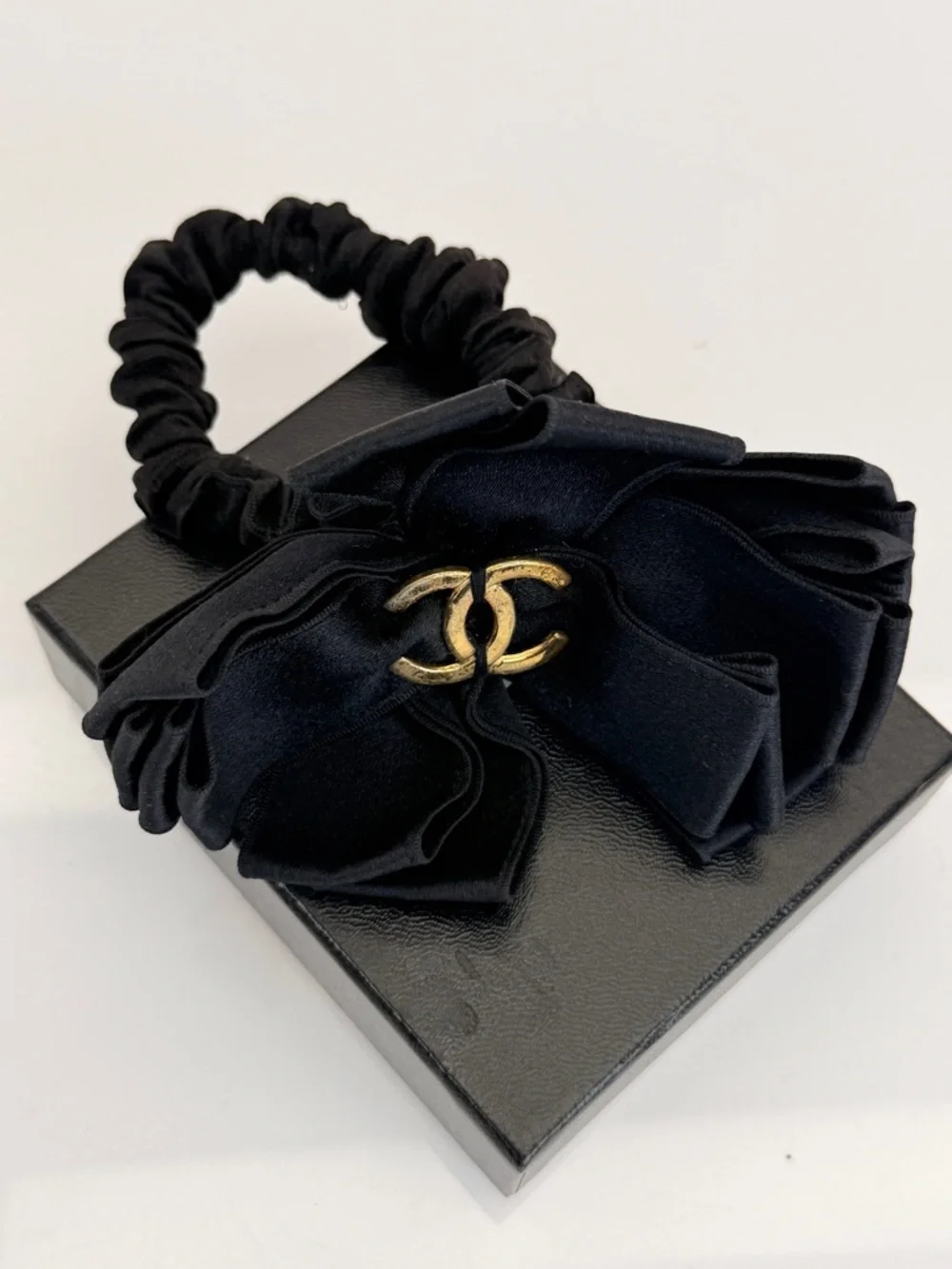 Rare Vintage Chanel Black Satin Bow Hair Scrunchie with Gold CC Accent